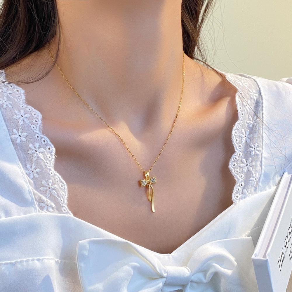 Simple 18K Gold-plated Tassel Bow Necklace For Women