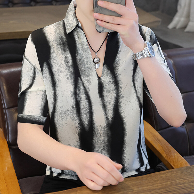 V-neck Stripe Trendy Loose Half Sleeve Shirt Loose