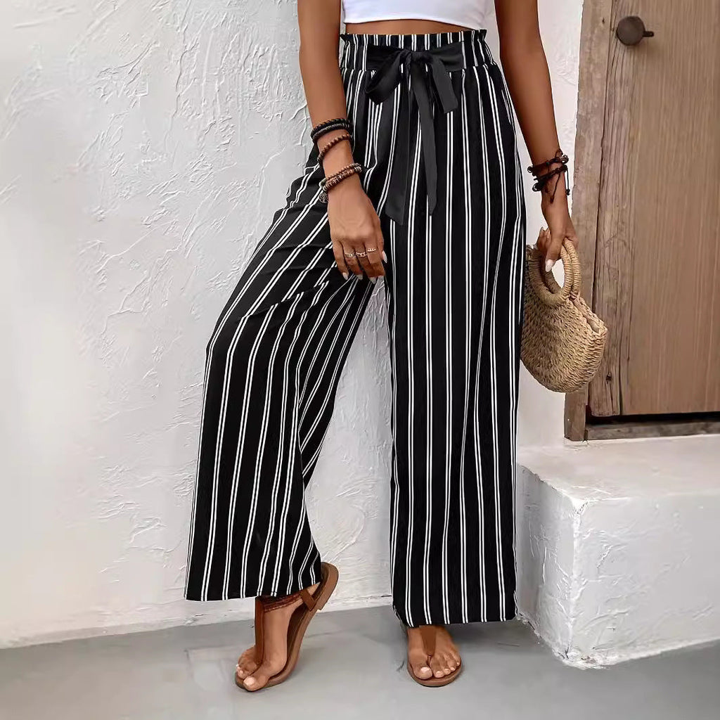 Striped Wide-leg Casual Pants High Waist Straight Loose