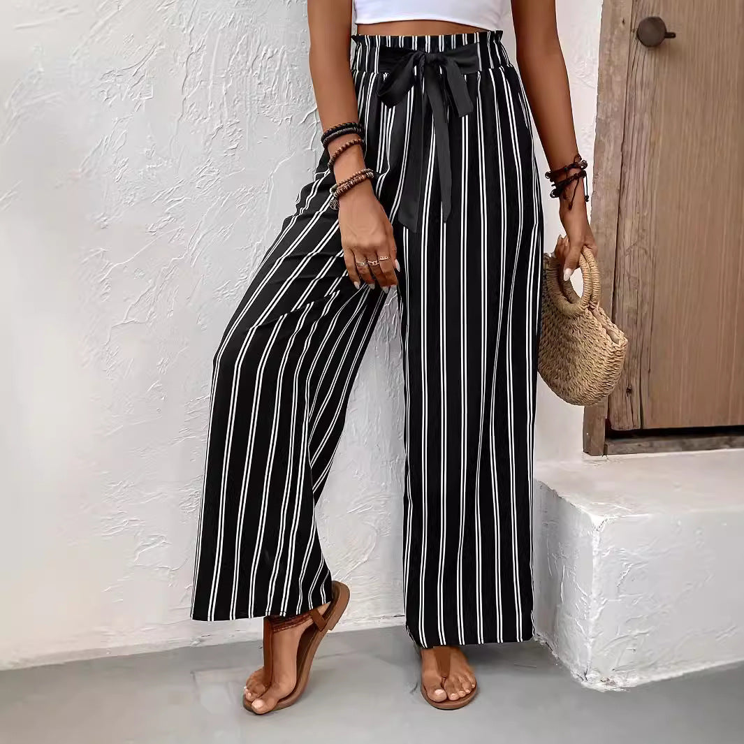 Striped Wide-leg Casual Pants High Waist Straight Loose