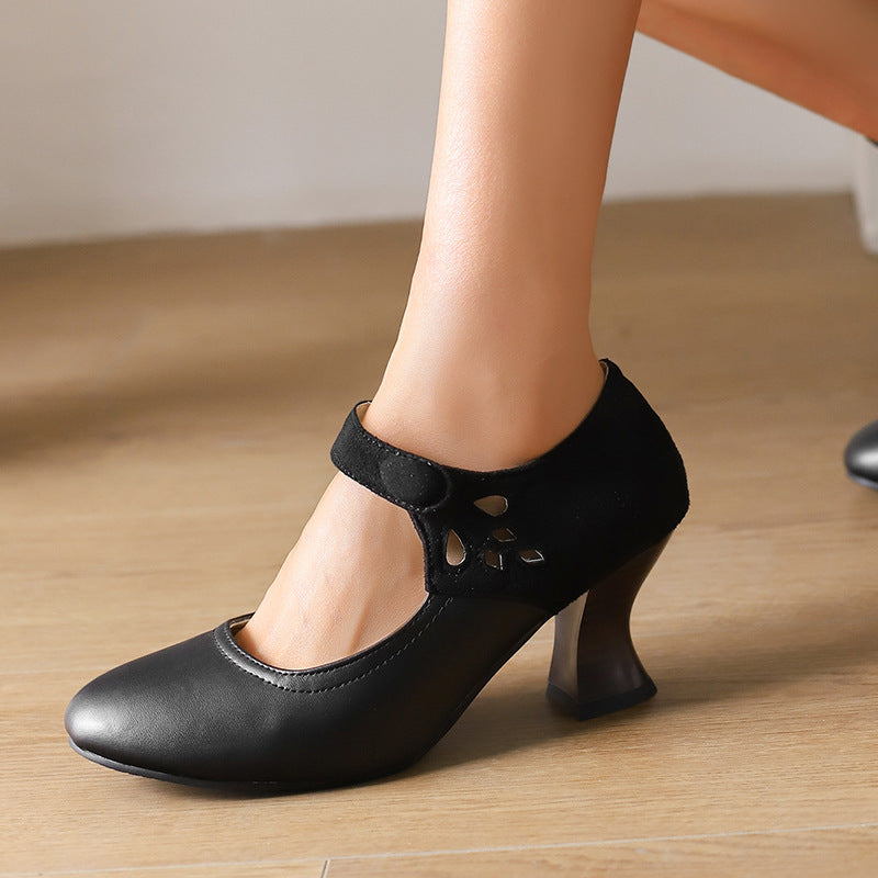 Buckle Spring And Autumn Women's Shoes Round Head Chunky Heel Shoes