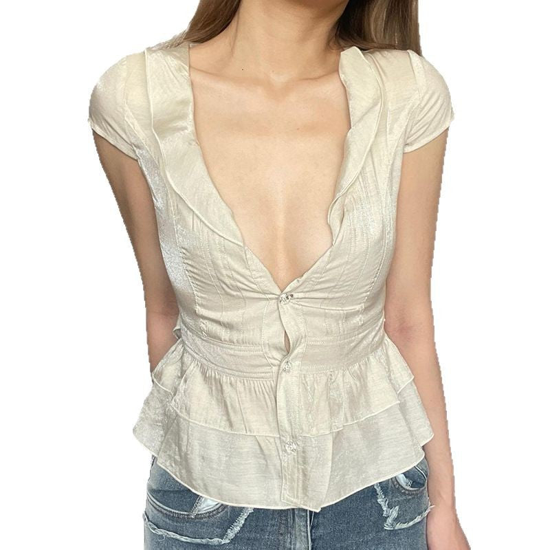French Style Girly Style Breasted Short Sleeve