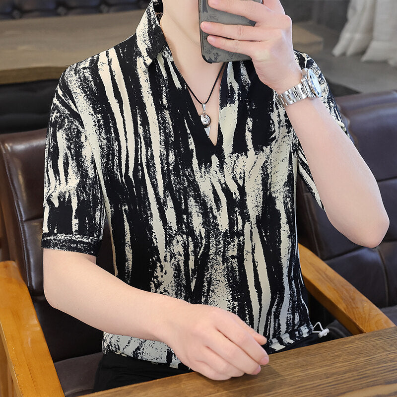 V-neck Stripe Trendy Loose Half Sleeve Shirt Loose