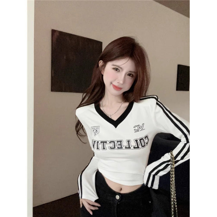 Women's Threaded Cotton V-neck Letter Printed Bottoming Shirt