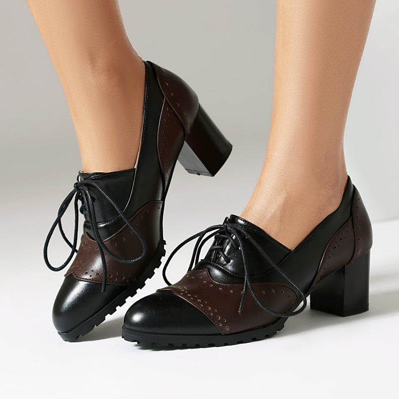 Matching Round Toe High Heel Front Lace-up Burning Flower Pumps