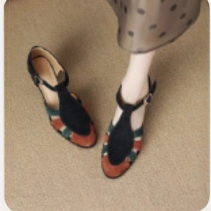 Retro Hollowed Toe Box Roman Sandals Color Matching Round Toe High Heels