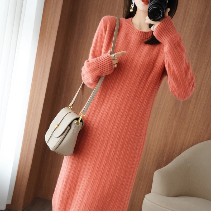 Mid-length Women's Round Neck Autumn And Winter Dress Over The Knee Thick Knitted