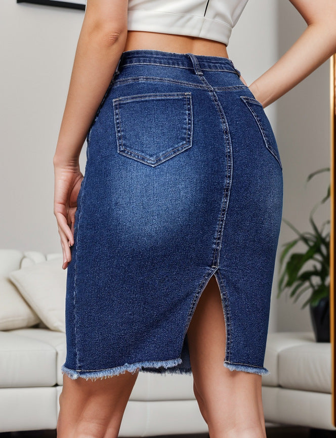 Casual Fashion Stretchy High Waist Slimming Slit Sheath Denim Skirt