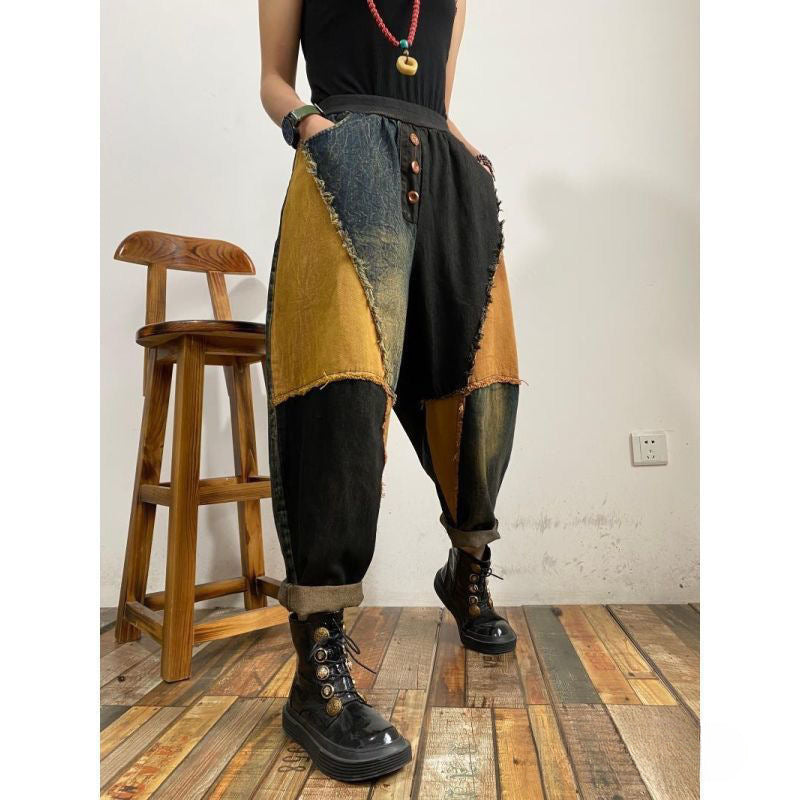New Personalized Breasted Frayed Color Block Denim Harem Pants Loose Slimming Women