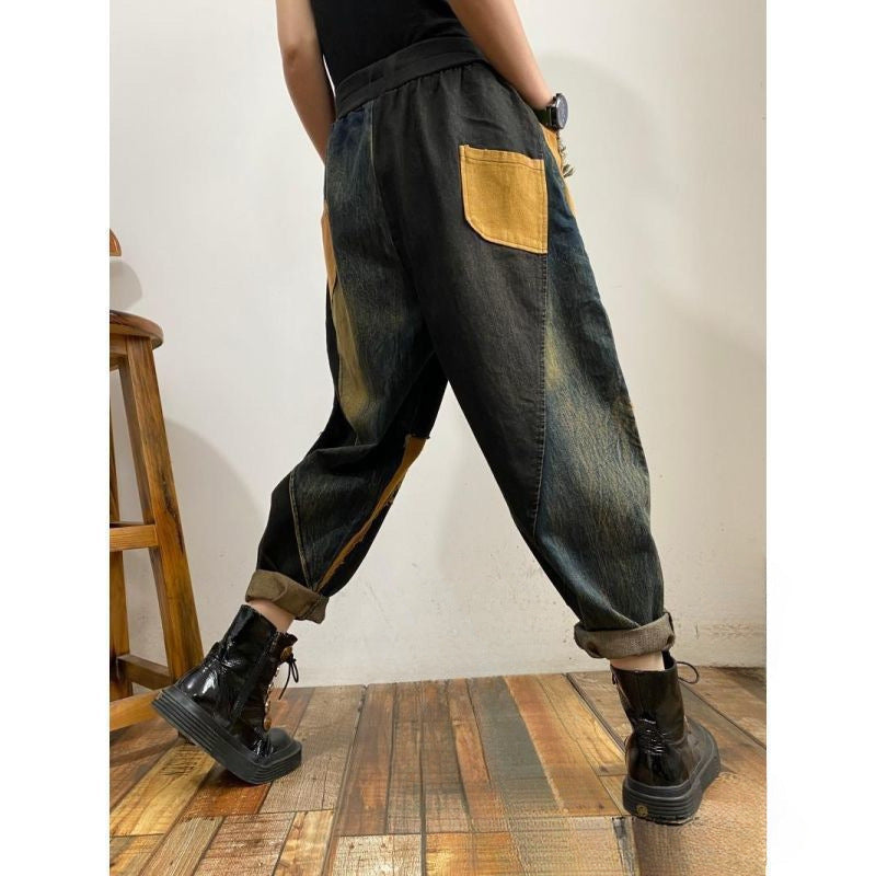 New Personalized Breasted Frayed Color Block Denim Harem Pants Loose Slimming Women