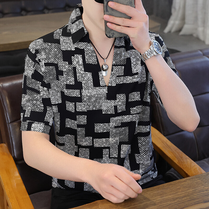 V-neck Stripe Trendy Loose Half Sleeve Shirt Loose