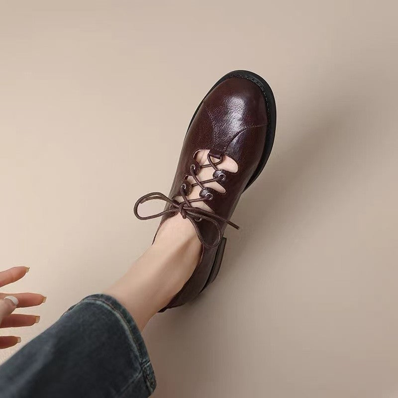 Retro Hollow Leather Shoes Women's Low-cut Lace-up British Style