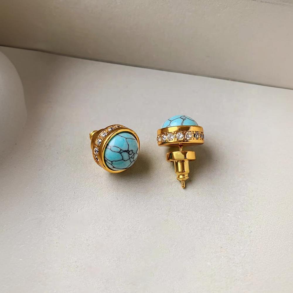 Natural Stone Stud Earrings Round Diamond Gold-plated Earrings