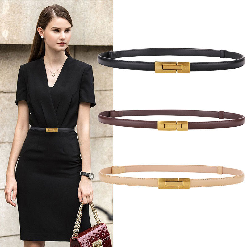 Women's Leather Thin Belt First Layer Cow Leather Button