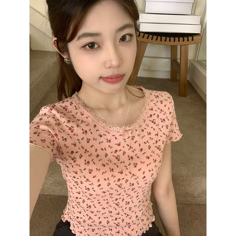 Women's Lace Stitching Bow Round Neck Fitted Short T-shirt Top