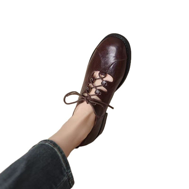 Retro Hollow Leather Shoes Women's Low-cut Lace-up British Style