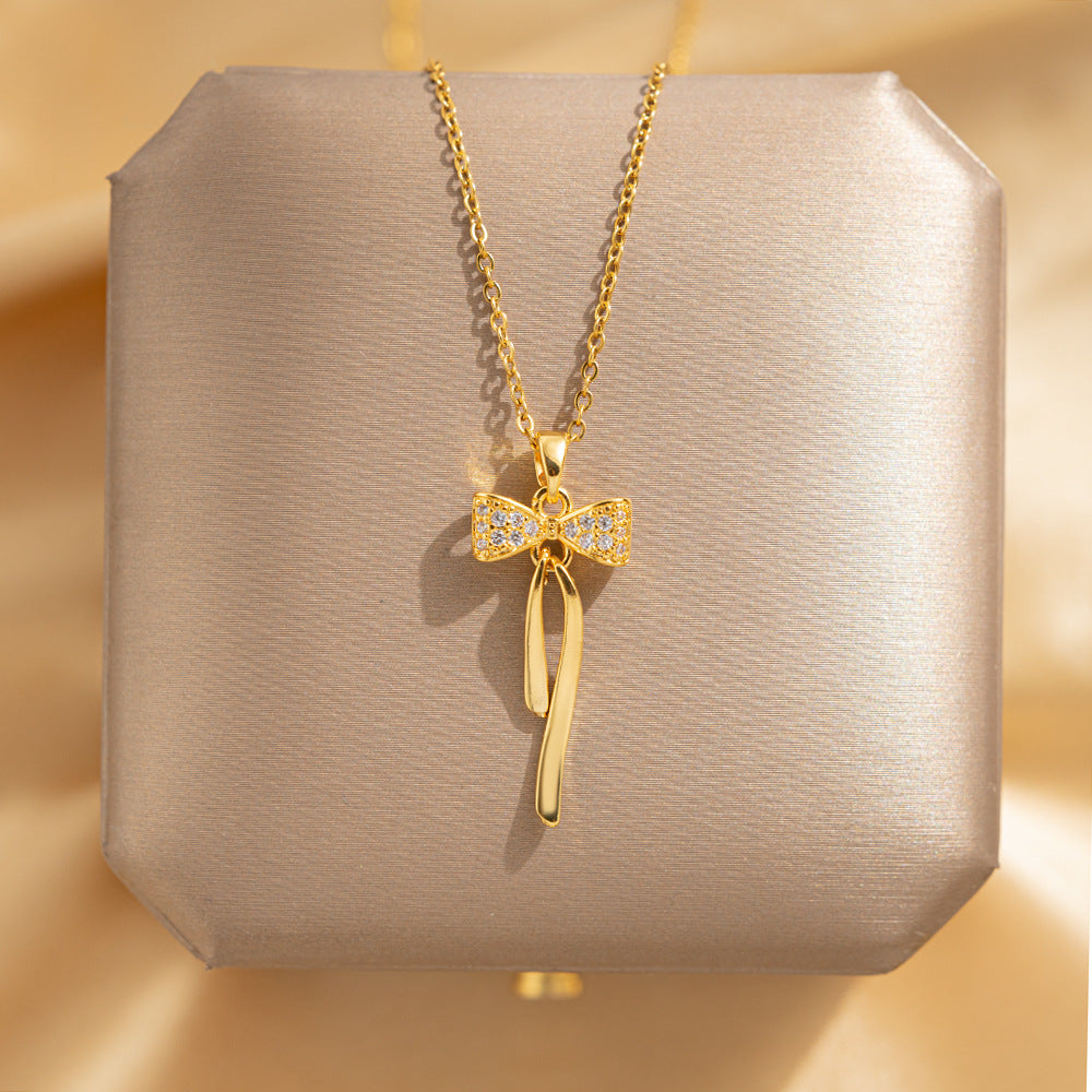 Simple 18K Gold-plated Tassel Bow Necklace For Women