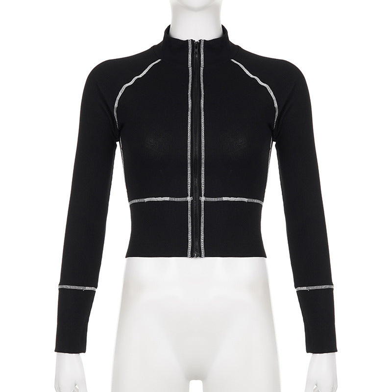 Women's Fashion Casual Contrast Color Zipper Tight Long Sleeve