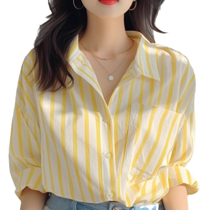 Yellow And White Vertical Striped Shirt For Women Sun Protection By The Sea
