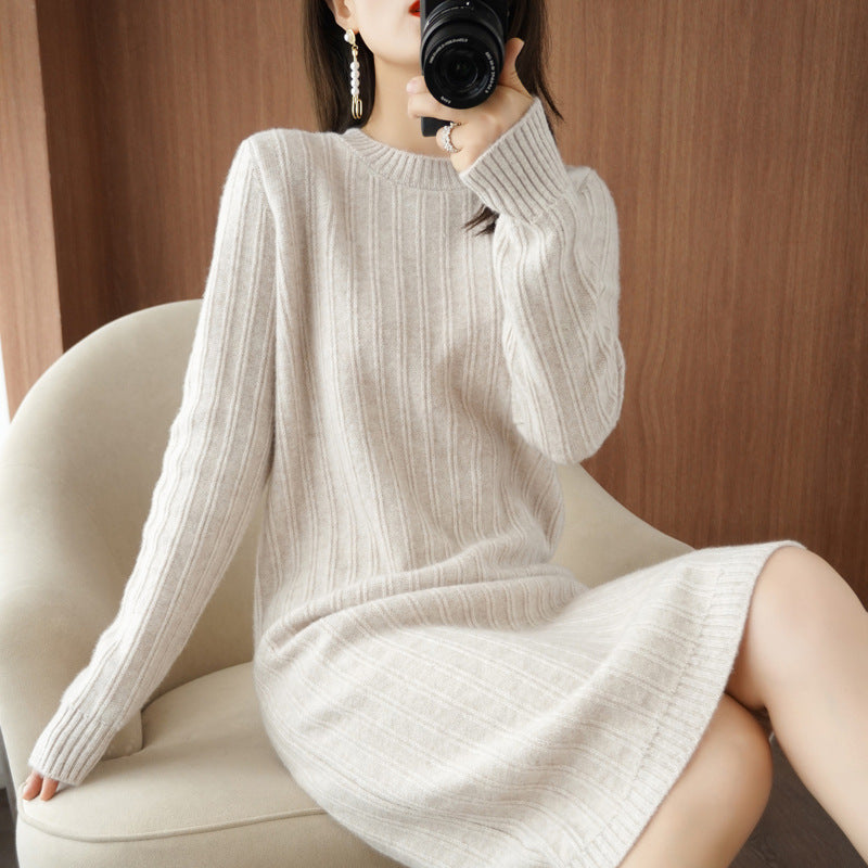 Mid-length Women's Round Neck Autumn And Winter Dress Over The Knee Thick Knitted