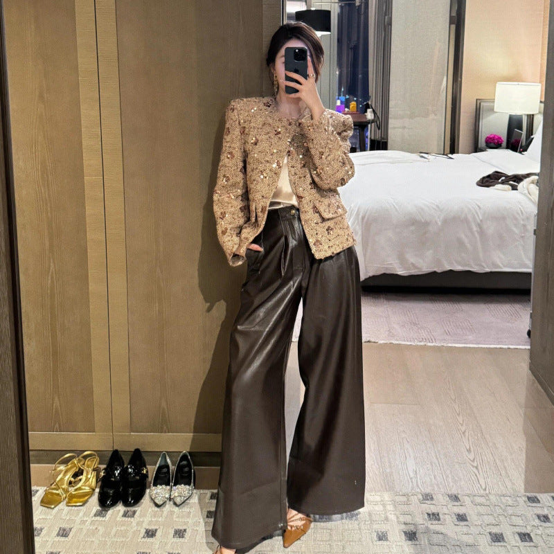 Gold Sequined Coat Tweed Padded Top