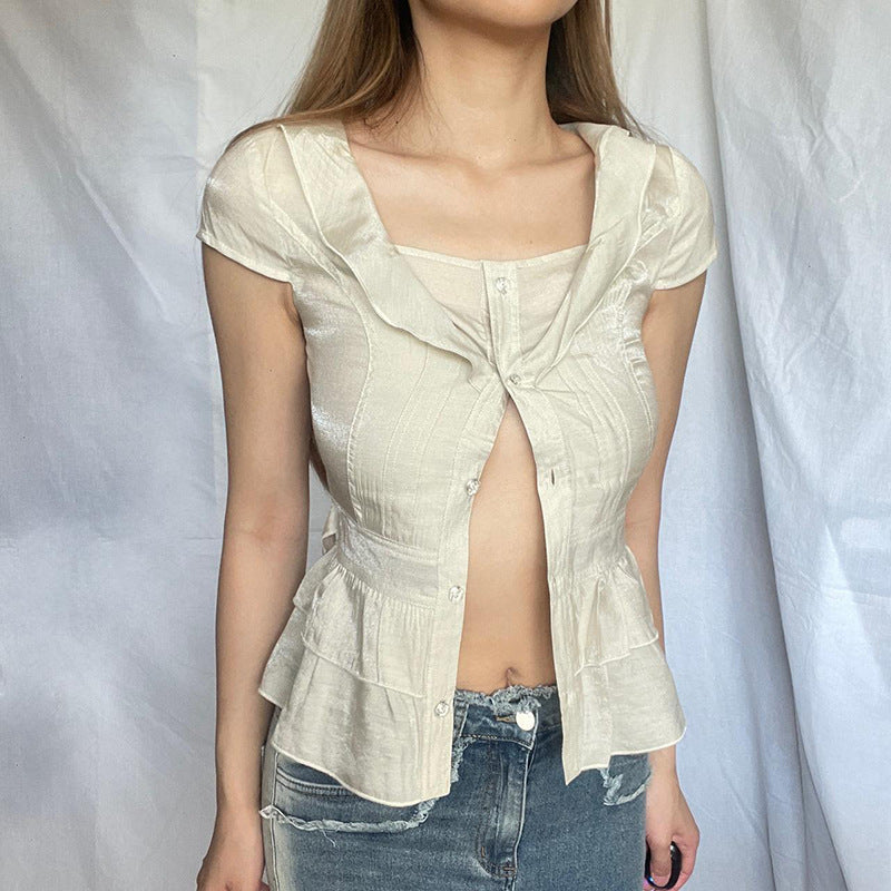 French Style Girly Style Breasted Short Sleeve