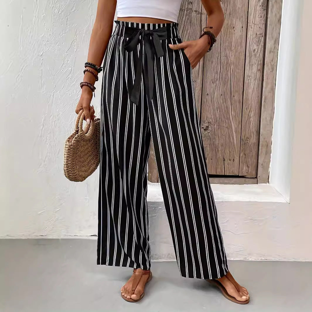 Striped Wide-leg Casual Pants High Waist Straight Loose