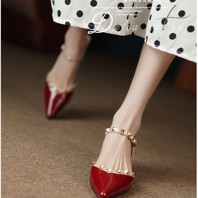Fashion Pointed Rivets Middle Heel Back Empty Shoes