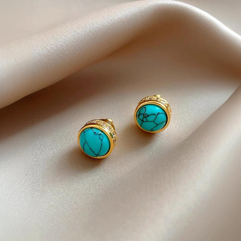 Natural Stone Stud Earrings Round Diamond Gold-plated Earrings