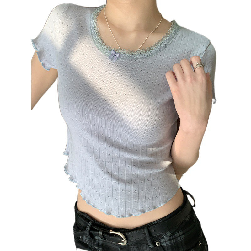Women's Lace Stitching Bow Round Neck Fitted Short T-shirt Top