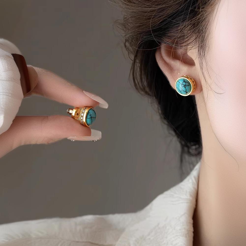 Natural Stone Stud Earrings Round Diamond Gold-plated Earrings