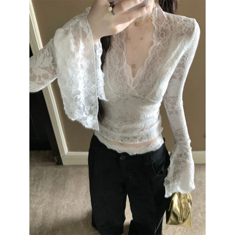 Women's V-neck Long Sleeve Lace Shirt