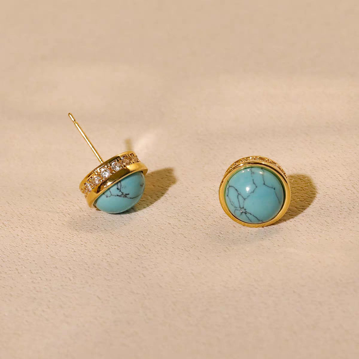 Natural Stone Stud Earrings Round Diamond Gold-plated Earrings