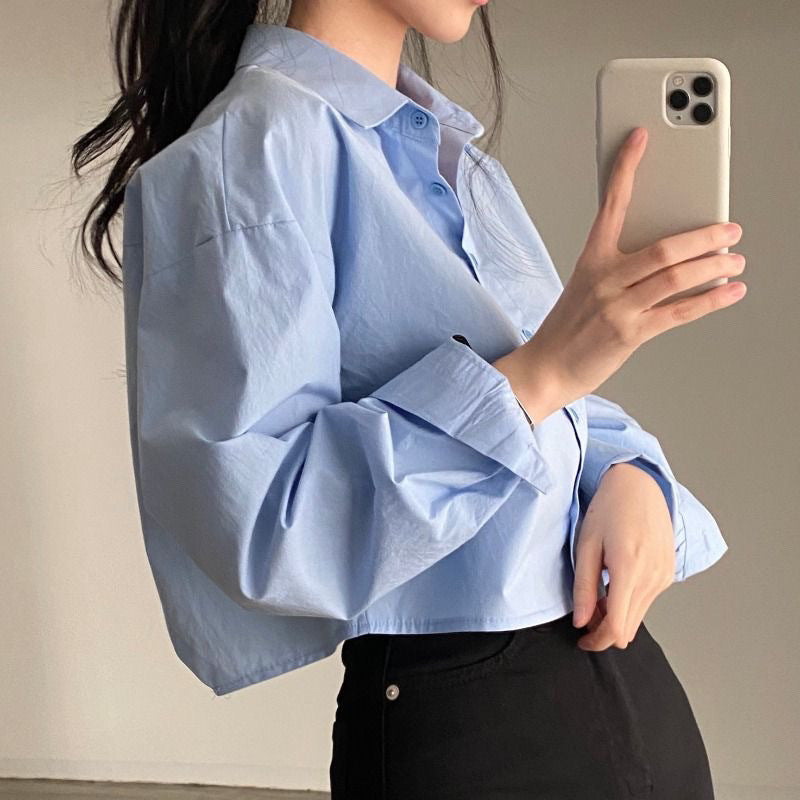 Back Slit Loose Lapels Short Long Sleeve Shirt