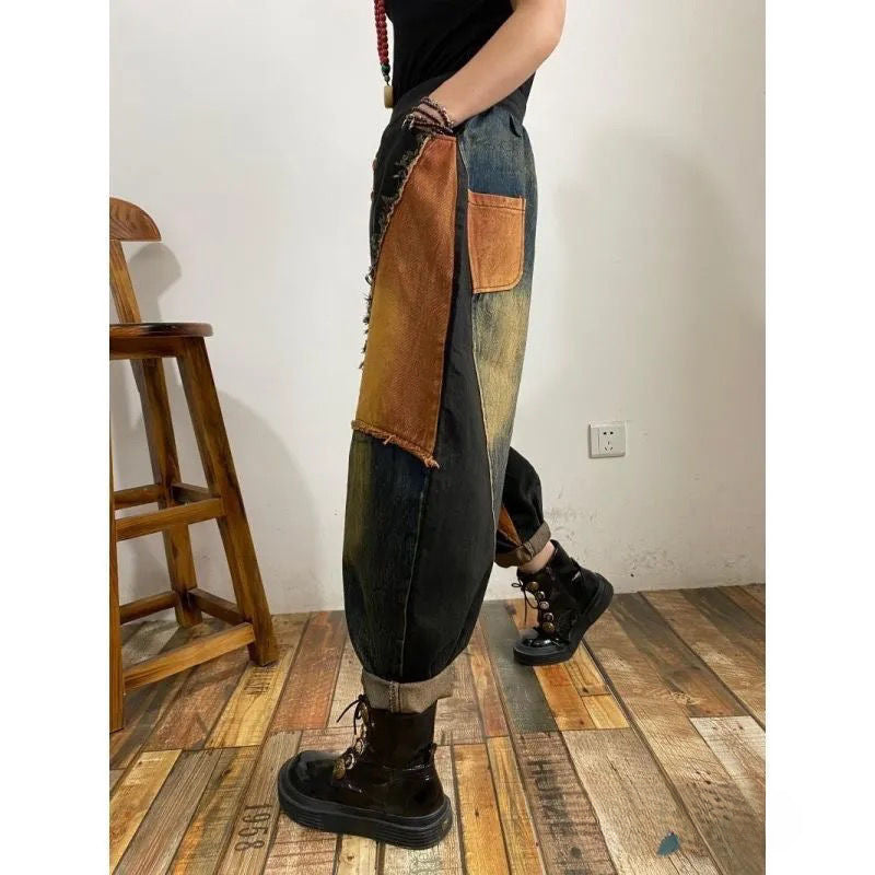 New Personalized Breasted Frayed Color Block Denim Harem Pants Loose Slimming Women