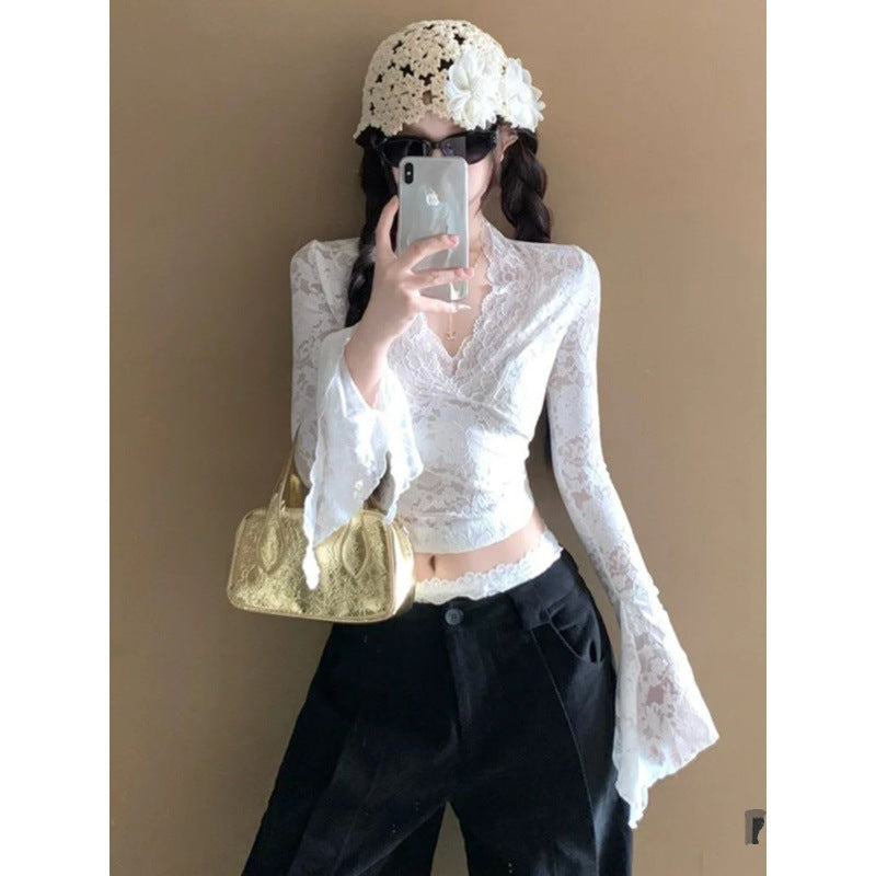 Women's V-neck Long Sleeve Lace Shirt