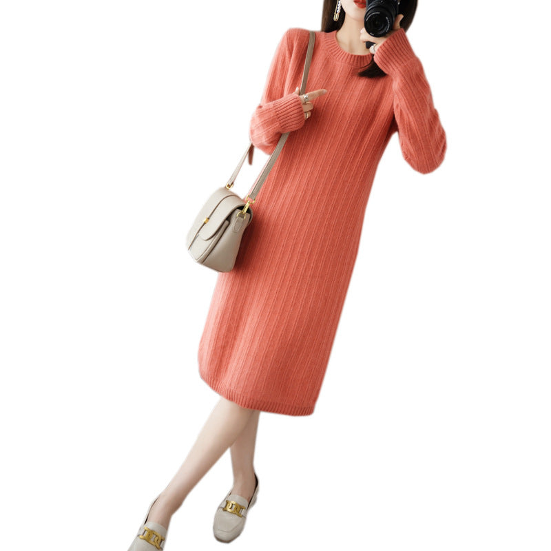 Mid-length Women's Round Neck Autumn And Winter Dress Over The Knee Thick Knitted