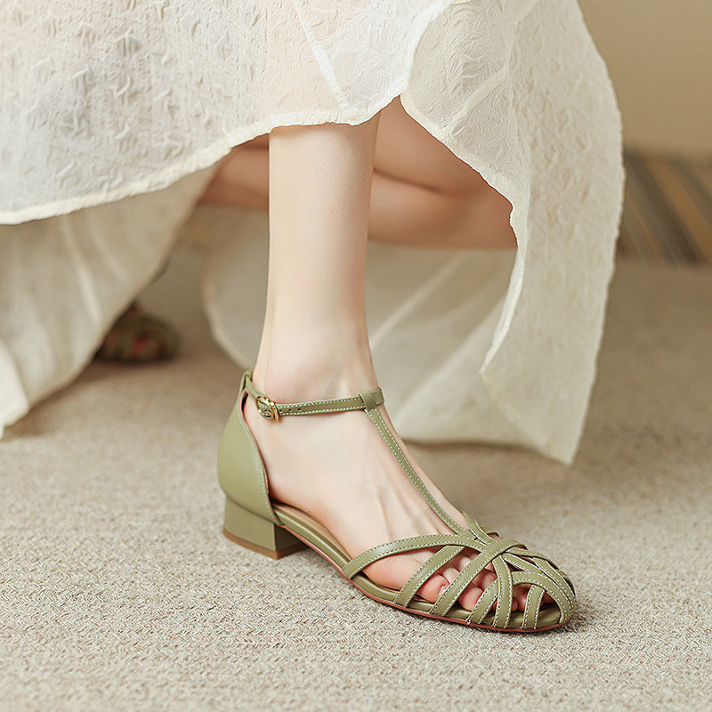 Women's Woven Hollowed Closed Toe Low Heel Flat Sandals