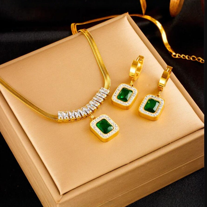 Emerald Cubic Sugar Zirconium Hanging Pendant Necklace And Earrings Suite