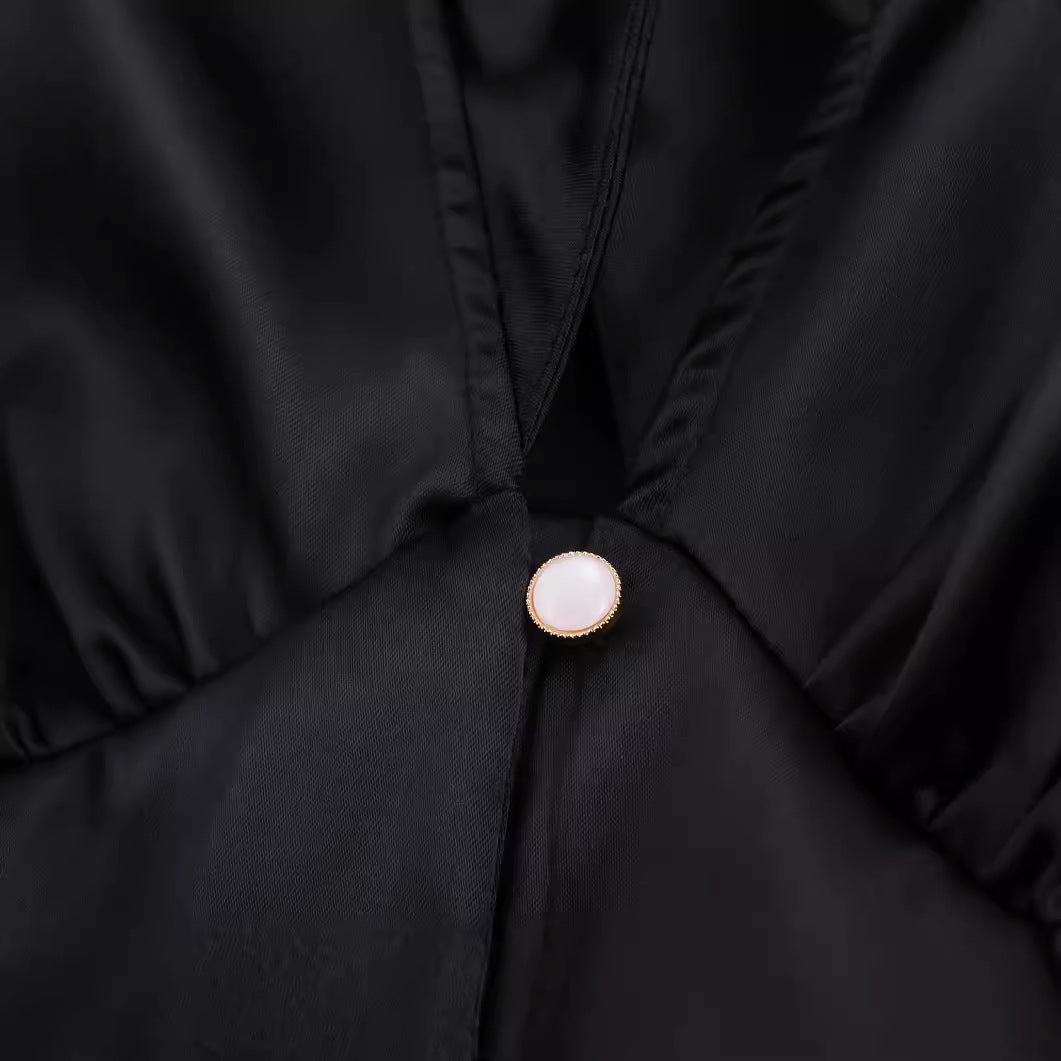 Sweet Satin Dress V-neck Fitted Waist Pleated Skirt