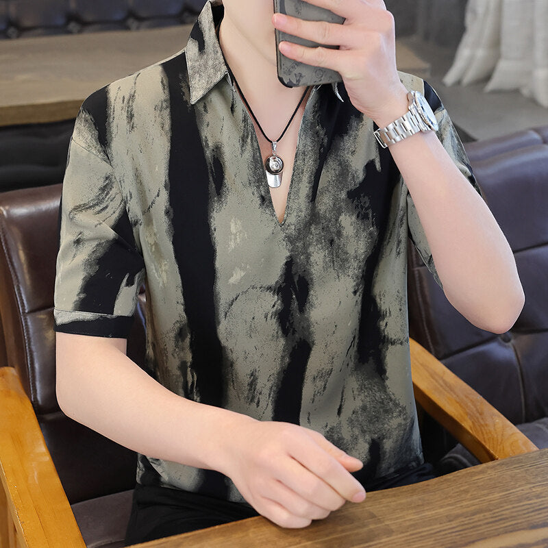 V-neck Stripe Trendy Loose Half Sleeve Shirt Loose