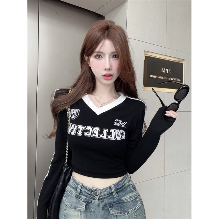 Women's Threaded Cotton V-neck Letter Printed Bottoming Shirt