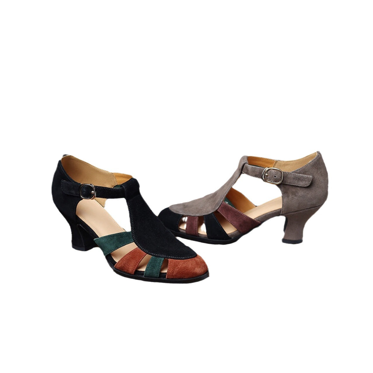 Retro Hollowed Toe Box Roman Sandals Color Matching Round Toe High Heels