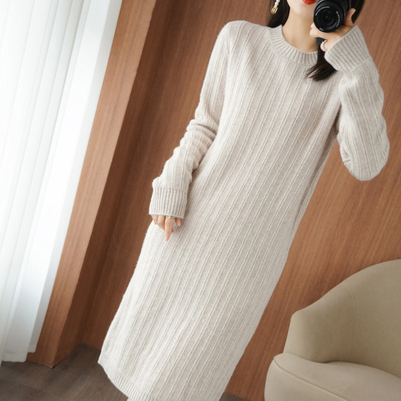Mid-length Women's Round Neck Autumn And Winter Dress Over The Knee Thick Knitted