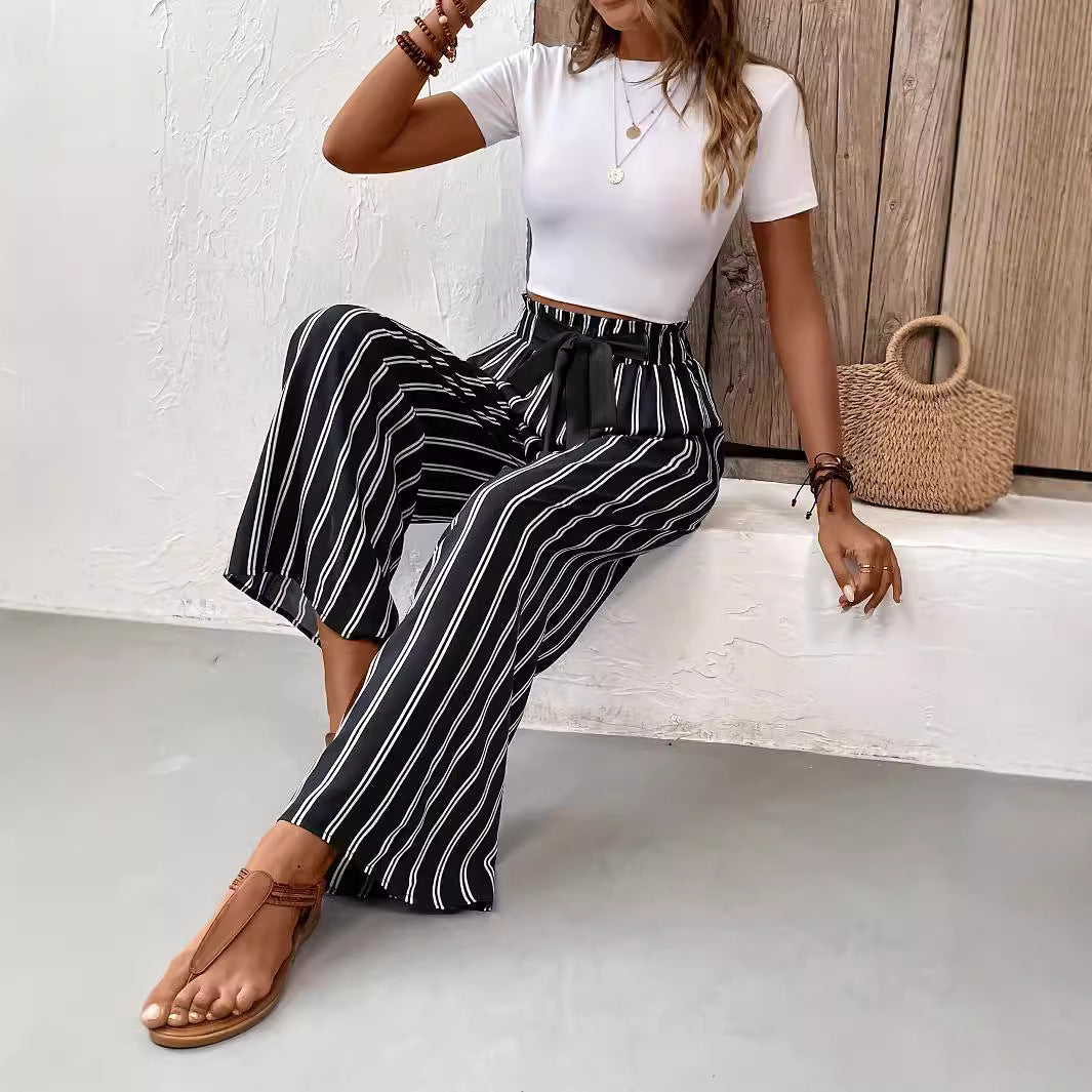 Striped Wide-leg Casual Pants High Waist Straight Loose