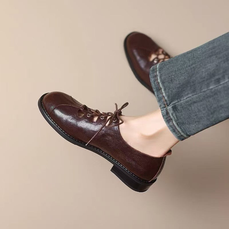 Retro Hollow Leather Shoes Women's Low-cut Lace-up British Style
