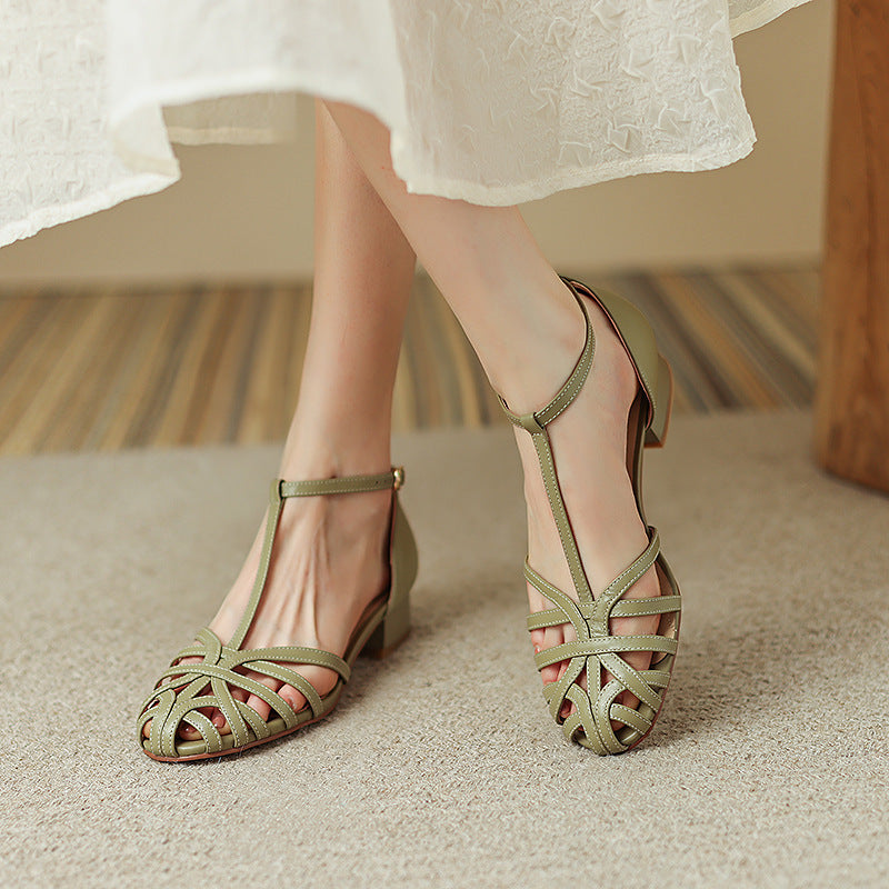 Women's Woven Hollowed Closed Toe Low Heel Flat Sandals