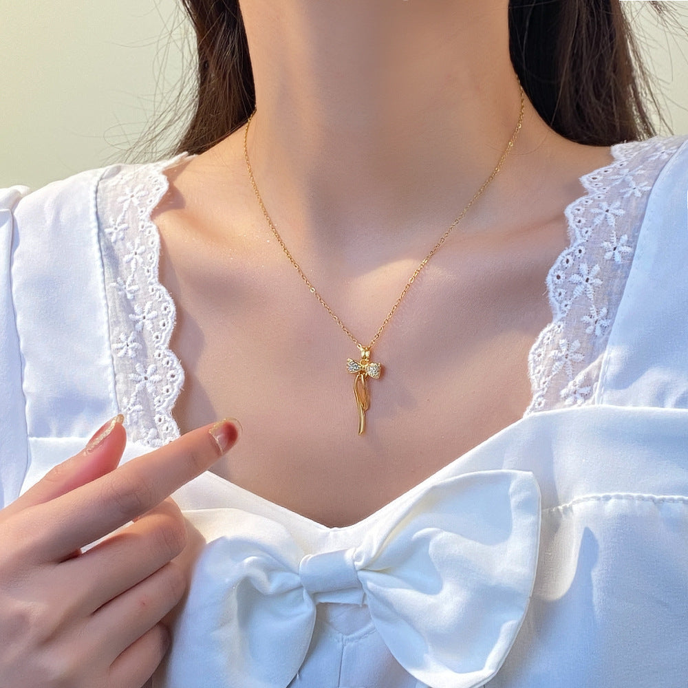Simple 18K Gold-plated Tassel Bow Necklace For Women