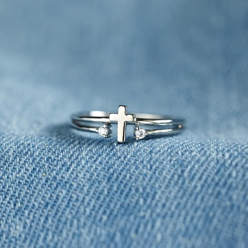S925 Sterling Silver Cross Zircon Ring