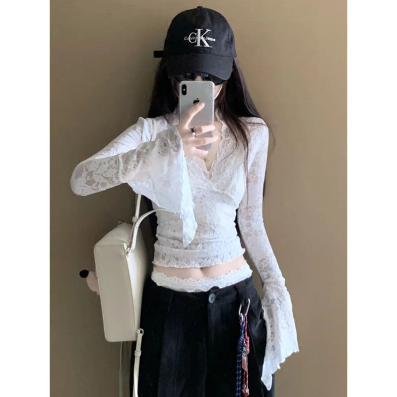 Women's V-neck Long Sleeve Lace Shirt